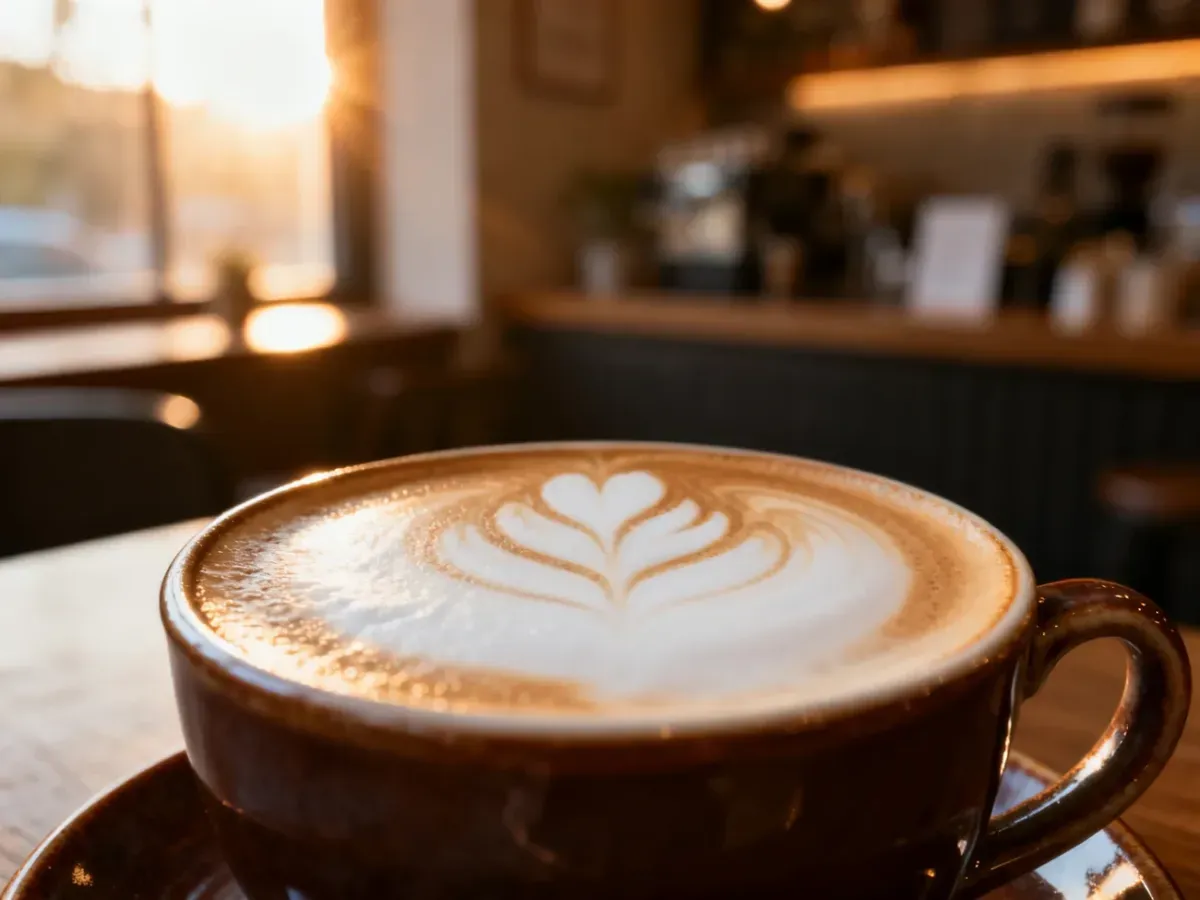 Profesjonalnie przygotowana kawa flat white w ceramicznej filiżance z wyraźnym wzorem latte art na mlecznej piance.
