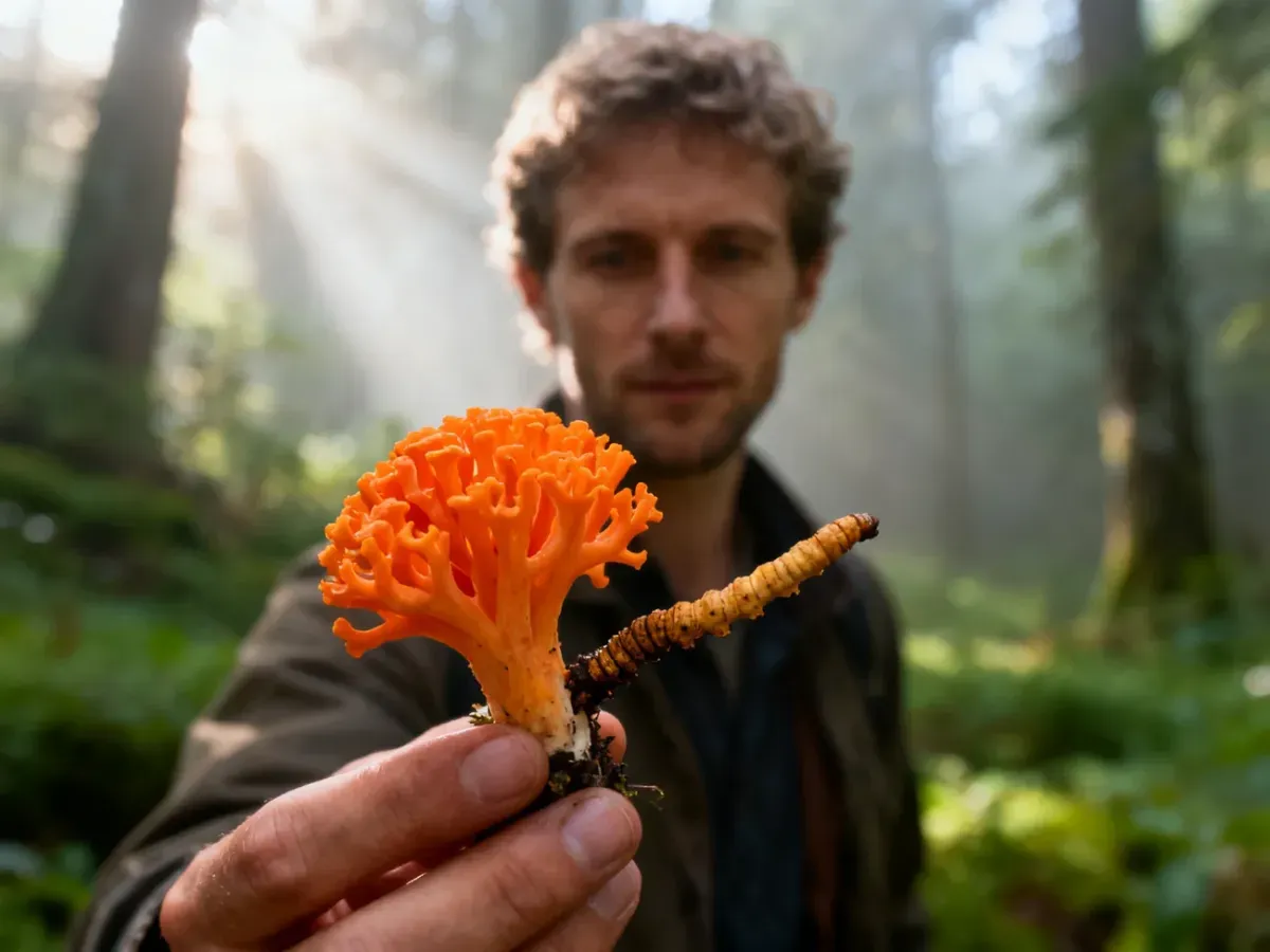 Mężczyzna trzymający w dłoni świeży okaz grzyba Cordyceps w otoczeniu zamglonego, leśnego krajobrazu.