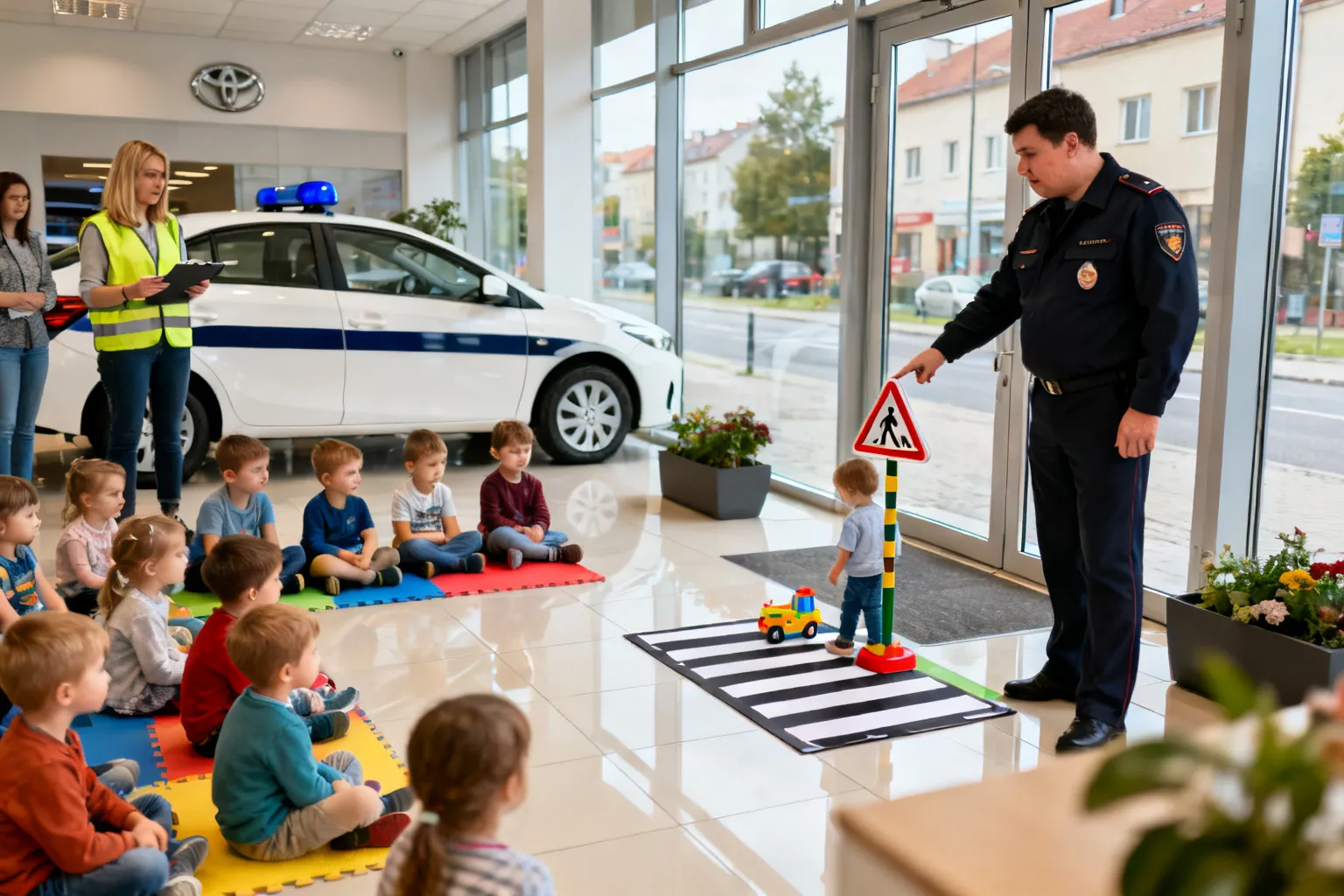 Drogówka szkoliła przedszkolaków o zasadach ruchu drogowego w salonie Toyota