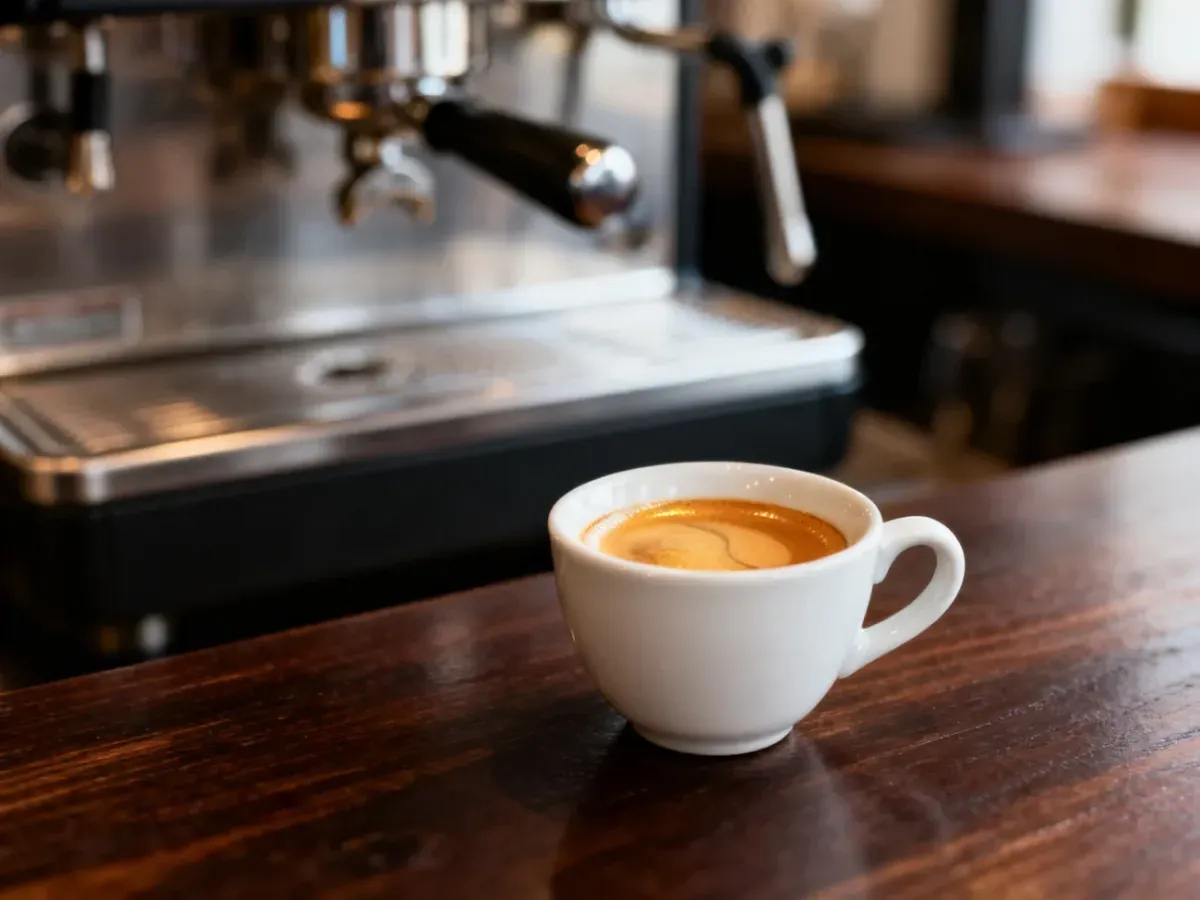 Podwójne espresso w białej filiżance na drewnianym stole, z widocznym ekspresem w tle. Idealnie przygotowane doppio z cremą.