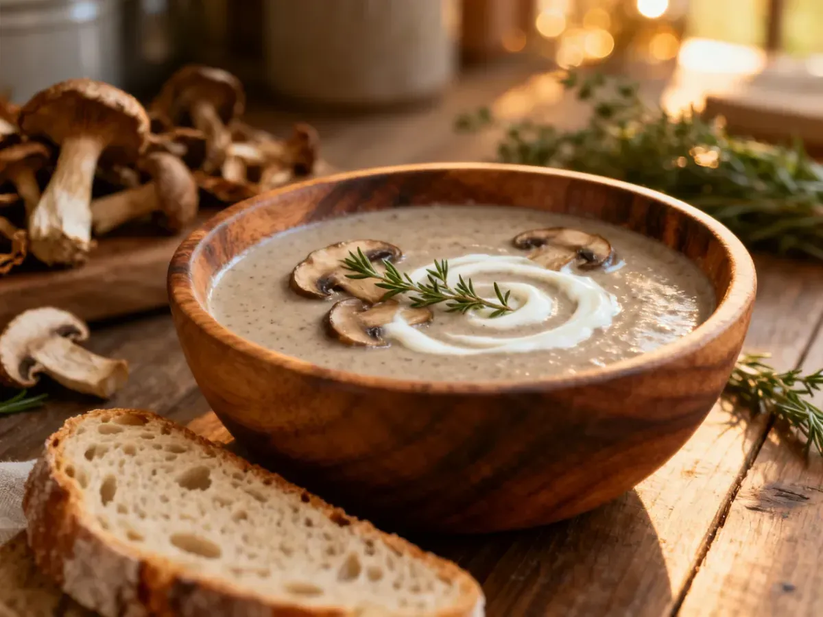 Kremowa zupa grzybowa w rustykalnej misce, podana ze świeżym tymiankiem, śmietaną i kromką chleba na zakwasie.