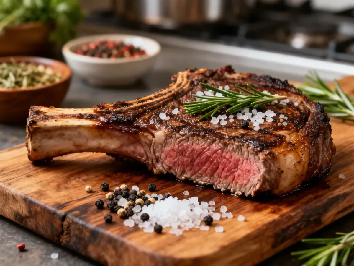 Soczysty stek ribeye z solą morską, pieprzem i rozmarynem na drewnianej desce, podkreślający aromatyczne przyprawy do mięsa.