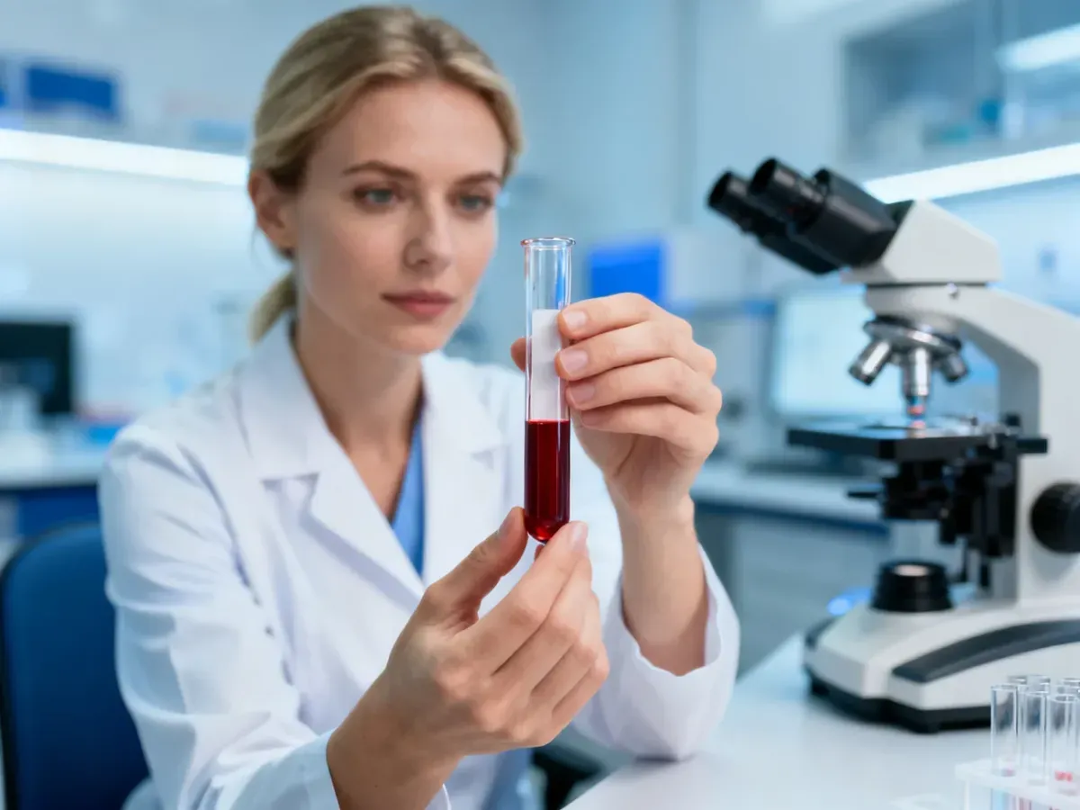 Pracownik laboratorium trzymający fiolkę z próbką krwi w nowoczesnym gabinecie diagnostycznym.