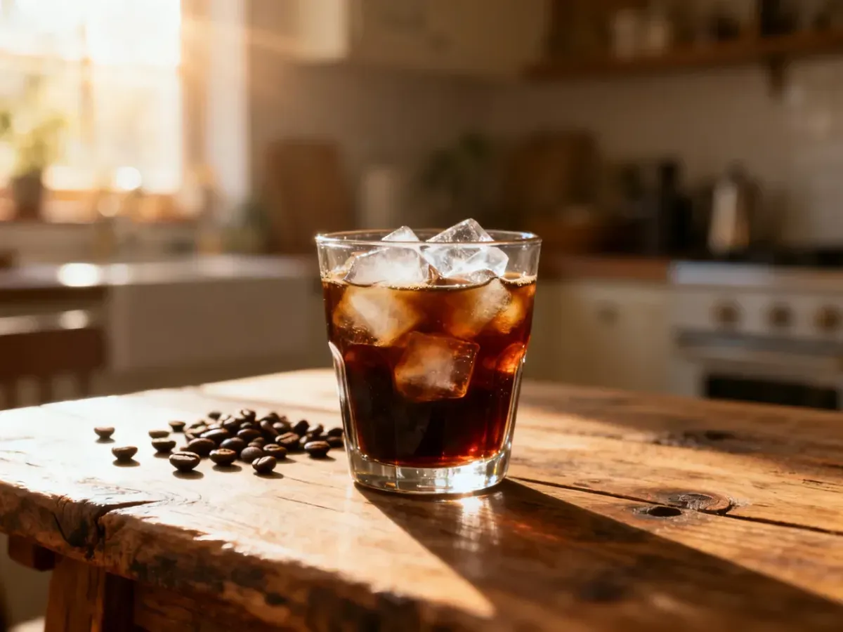 Szklanka kawy cold brew z lodem na rustykalnym stole w słonecznej kuchni.